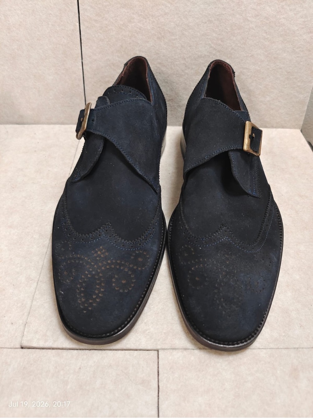 NWOB VELLAPAIS Dupone Brogue Monk Strap Shoe navy blue suede wingtip Mens Sz 9